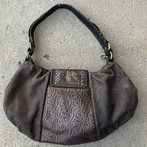 Donald J Pliner Brown Leather Snake Print Studded Shoulder Bag - Picture 3 of 6
